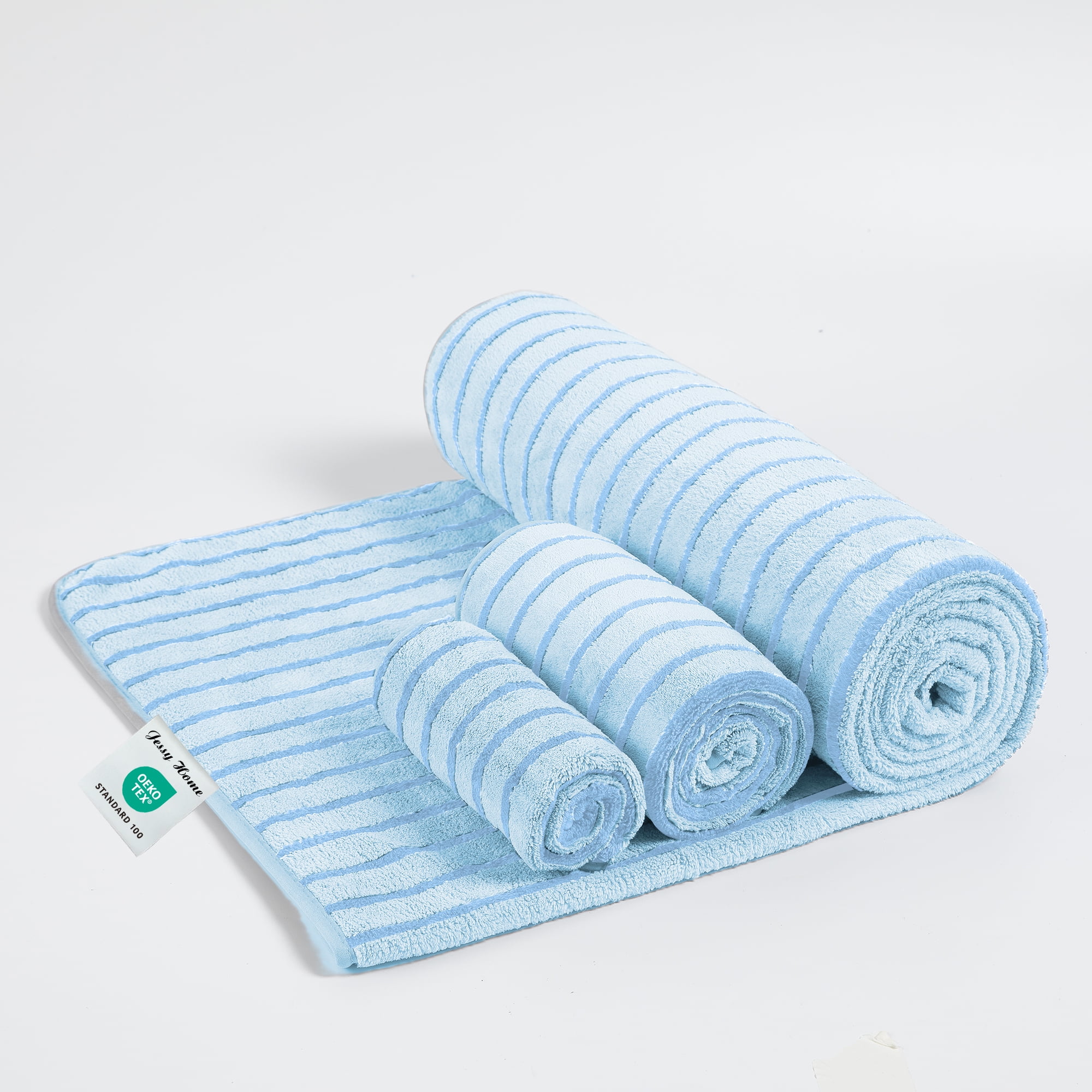 Jessy Home 8 Pcs Blue Bicolor bar Stripe Large Bath Towels Set 2 Oversized Bathroom Towels, 2 Hand Towels, 4 Washcloths