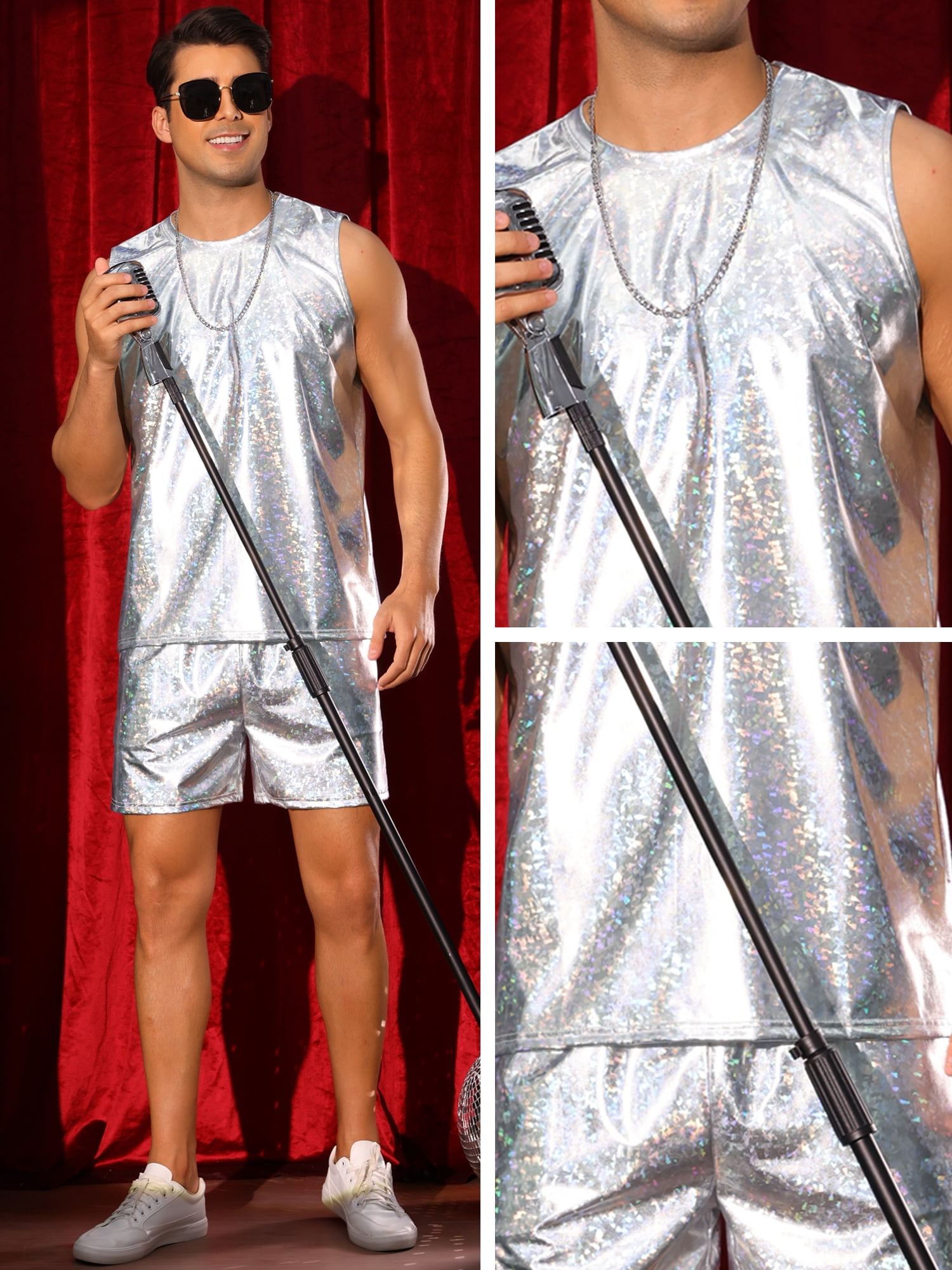 DARING DIVA Men's 2-Piece Holographic Tank Top And Shorts Set M Silver