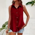 thumbnail image 2 of yoeyez Cotton Linen Tank Shirts for Women Sleeveless Laple Collared Tops Solid Color Button Up Blouses Work Shirts Casual Summer Tshirt Red,S, 2 of 7