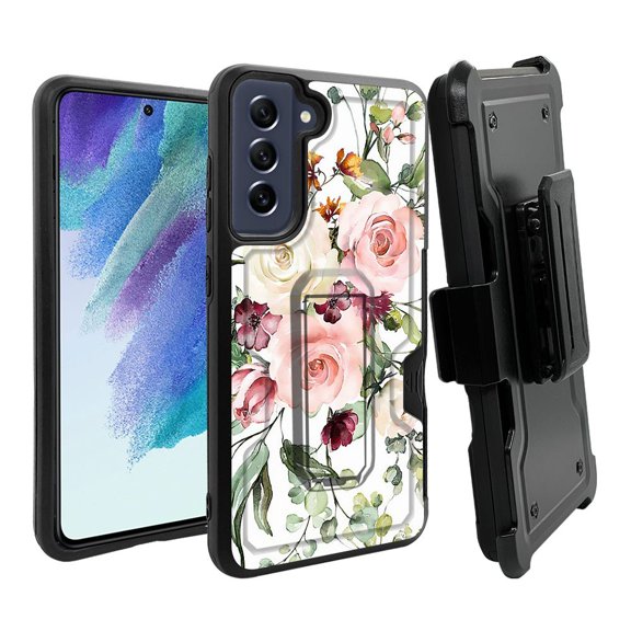 ANJ  Rugged Dual Layer Hybrid Holster Kickstand Case w/ Card Slot   Tempered Glass Cover for Samsung Galaxy S21 FE 5G - Rose Bouquet