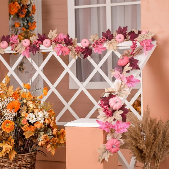 39.37 inch Artificial Pink Pumpkin Maple Leaf Vine Garland(without Light), Halloween Hanging Foliage Rattan Decorations for Mantle Fireplace Porch Wall Table Tree Party Holiday Home Decor