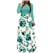MAOWAPLG Women Summer Long Sleeve Floral Printed Casual O-Neck Patchwork Dress Maxi Dress