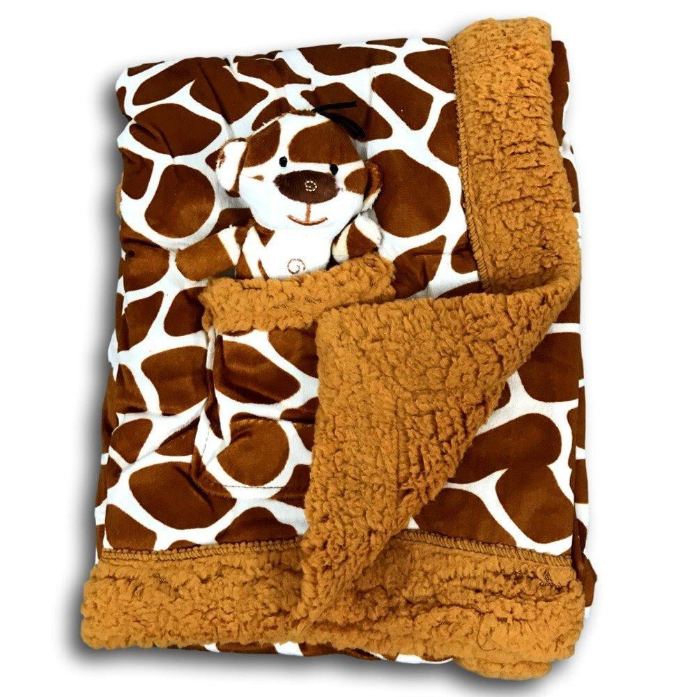 Plush Reversible Velour and Sherpa Baby Blanket with Stuffed Toy CAMEL