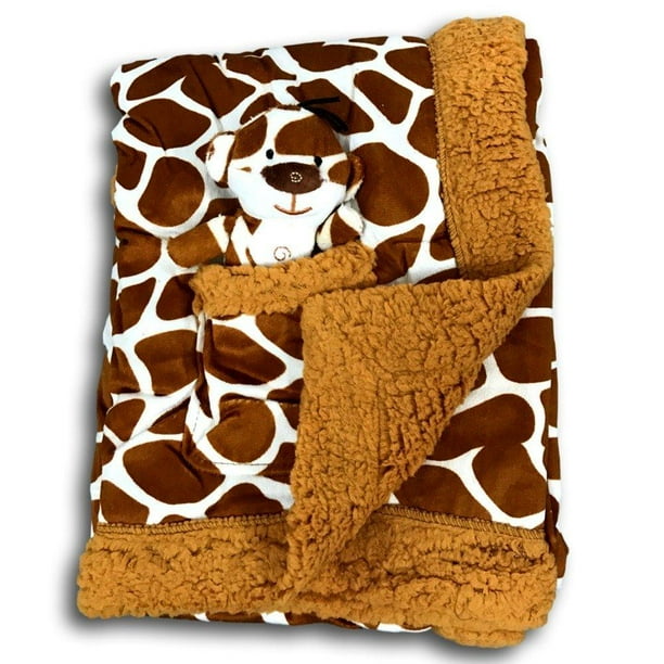 Plush Reversible Velour and Sherpa Baby Blanket with Stuffed Toy CAMEL