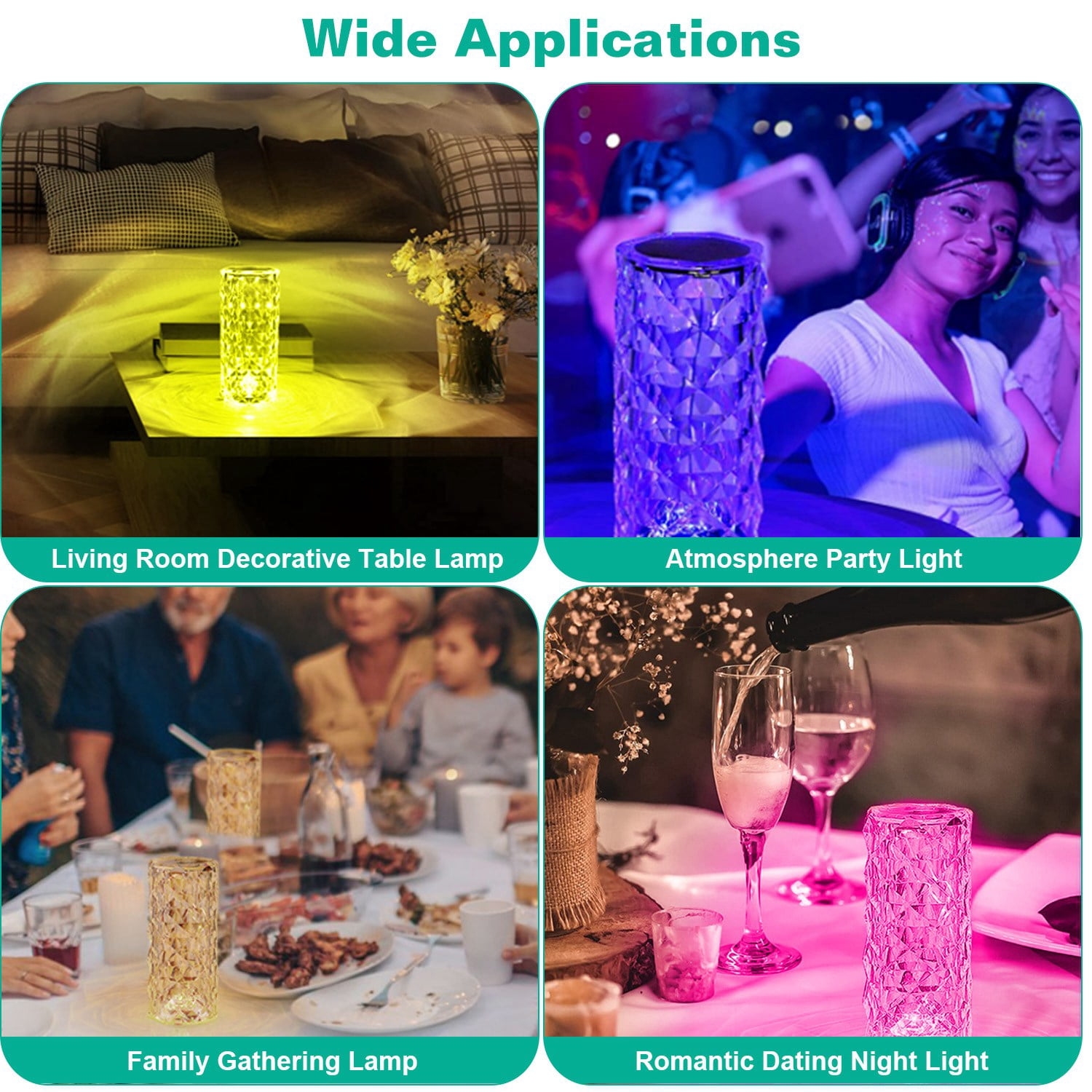 Zorpupoa 2 Pack Crystal Lamp Touch 16 RGB Colors Changing Night Light Rechargeable Crystal Table Lamp Bedside Lamp Cordless Rose Diamond Battery Night Light for Bedroom/Party/Dinner/Decoration