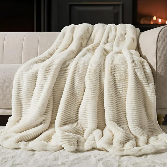 EVERGRACE Ultra Soft Faux Fur Throw Blanket for Couch, Luxury Sculpted Texture Faux Rabbit Fur Blanket for Bed, Fluffy Thick Plush Warm Fuzzy Throw, 920GSM (Ivory White, 50''x60'')