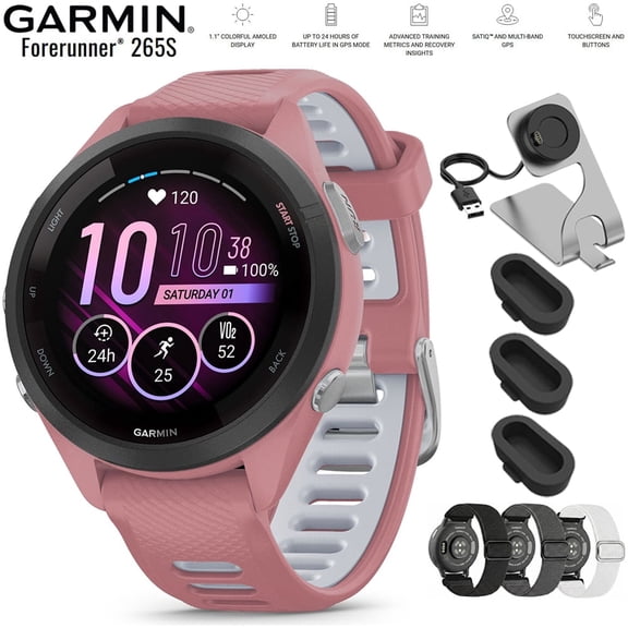 Garmin Forerunner 265S GPS Smartwatch Light Pink/Whitestone 010-02810-05 Bundle with Nylon Elastic Bands 18mm 3 Pack, Charging Dock and Silicone Dust Cover 3 Pack