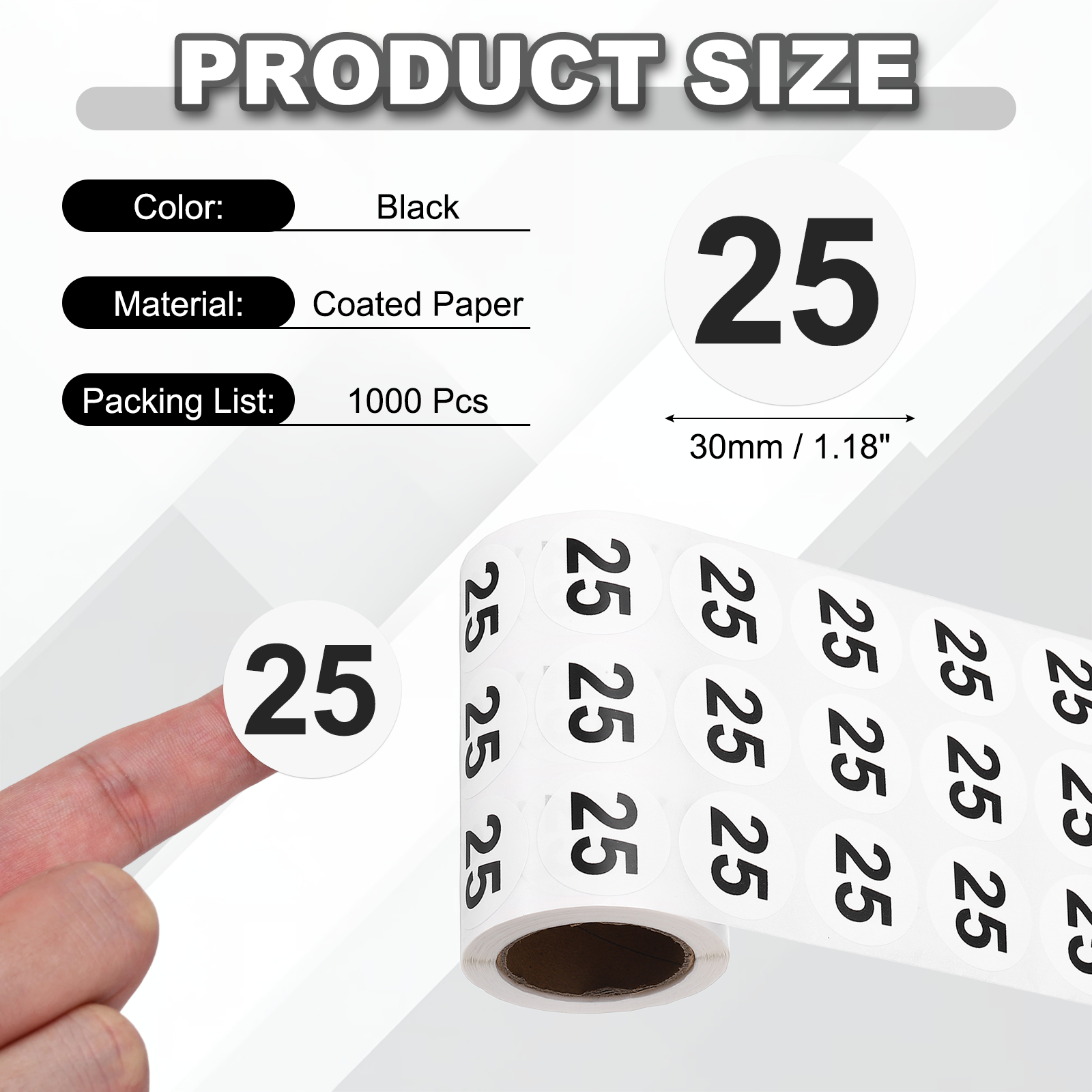 Uxcell 1000pcs 1.2" Number Stickers, Number 25 Sticker Numbers Labels Round Small Vinyl Self Adhesive Label Circle Decals 1 Roll Dots for Photo Album Poster Organize Inventory, Black