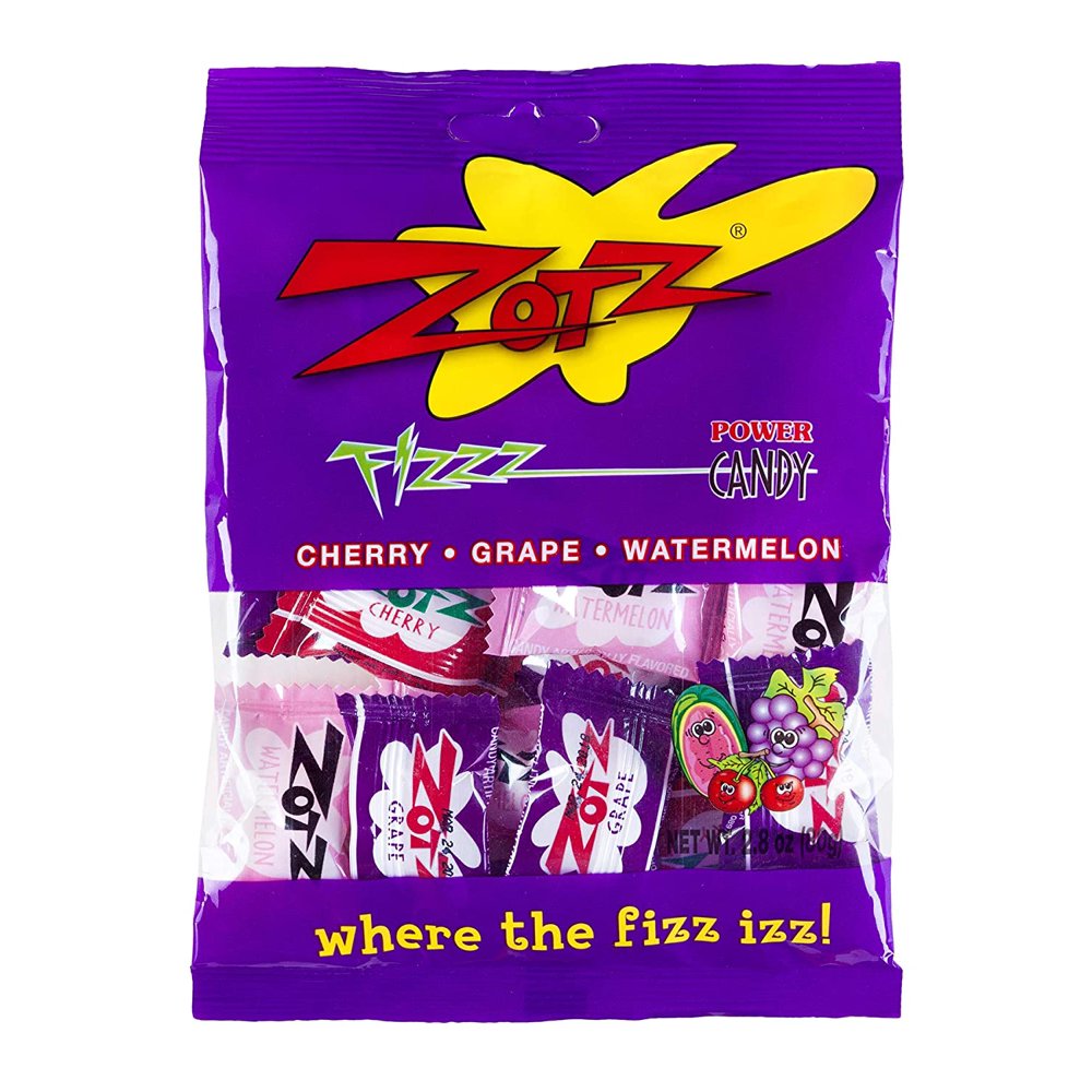 Zotz Assorted Flavored Candy Bag, Cherry, Grape and Watermelon, 2.8