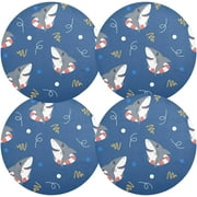 Wellsay Shark with Lifebuoy Round Place Mats Set of 4, Heat Stain Insulation Table Mats Non-Slip Grid Woven Placemats 15.4 Inch for Kitchen Dining Table Holiday