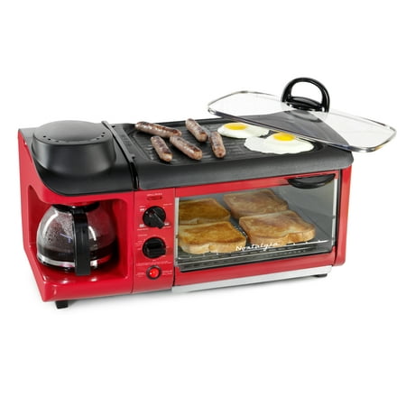 

Nostalgia BST3RR Retro 3-in-1 Family Size Electric Breakfast Station Coffeemaker Griddle Toaster Oven - Retro Red