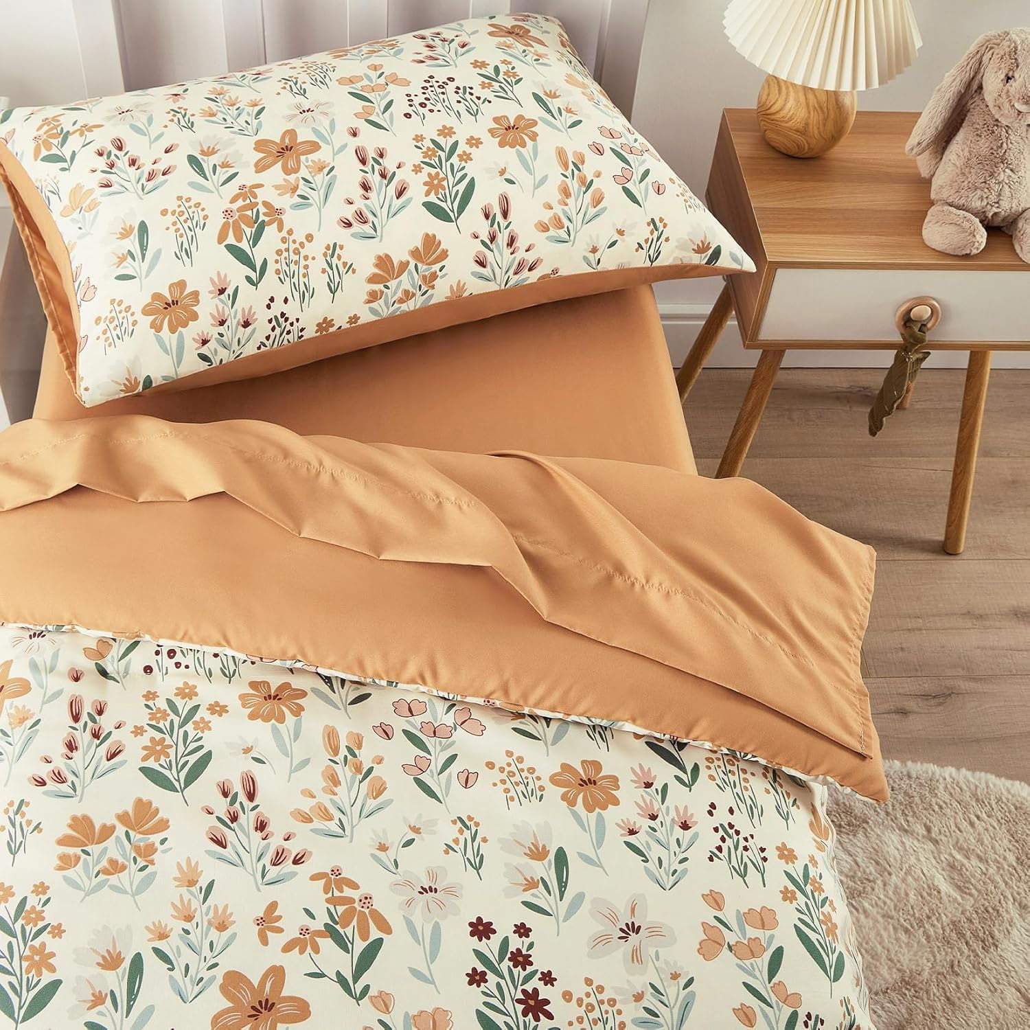 AllWays Plaza - Floral Toddler Bedding Set for Girls, Cute Colorful Botanical Flowers, 4 Pieces Soft Crib Bed Set Including Comforter, Sheets and Pillowcase, Orange Cream