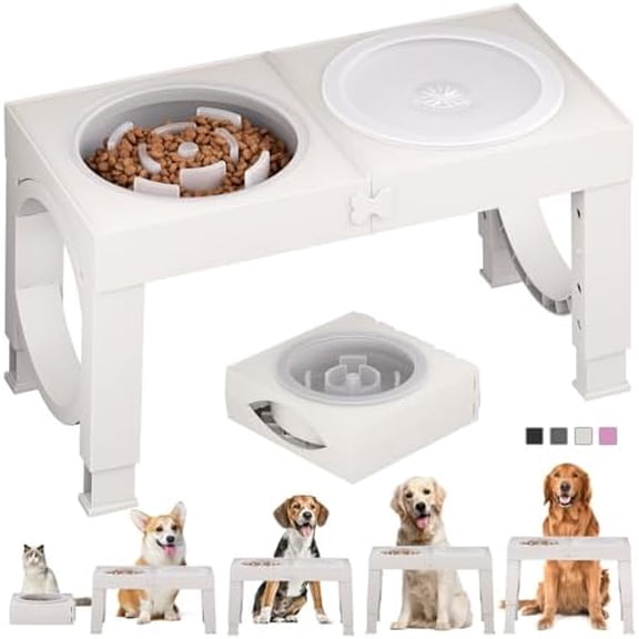 Elevated Dog Bowls Large Breed Raised Dogs Bowl Stand Large/Medium Sized Dog Slow Feeder Dogs Bowls Food Water Stands 5 Heights Adjustable 9/11/12/14in Pet Feeder Dish Station B-White,SLOW BOWL