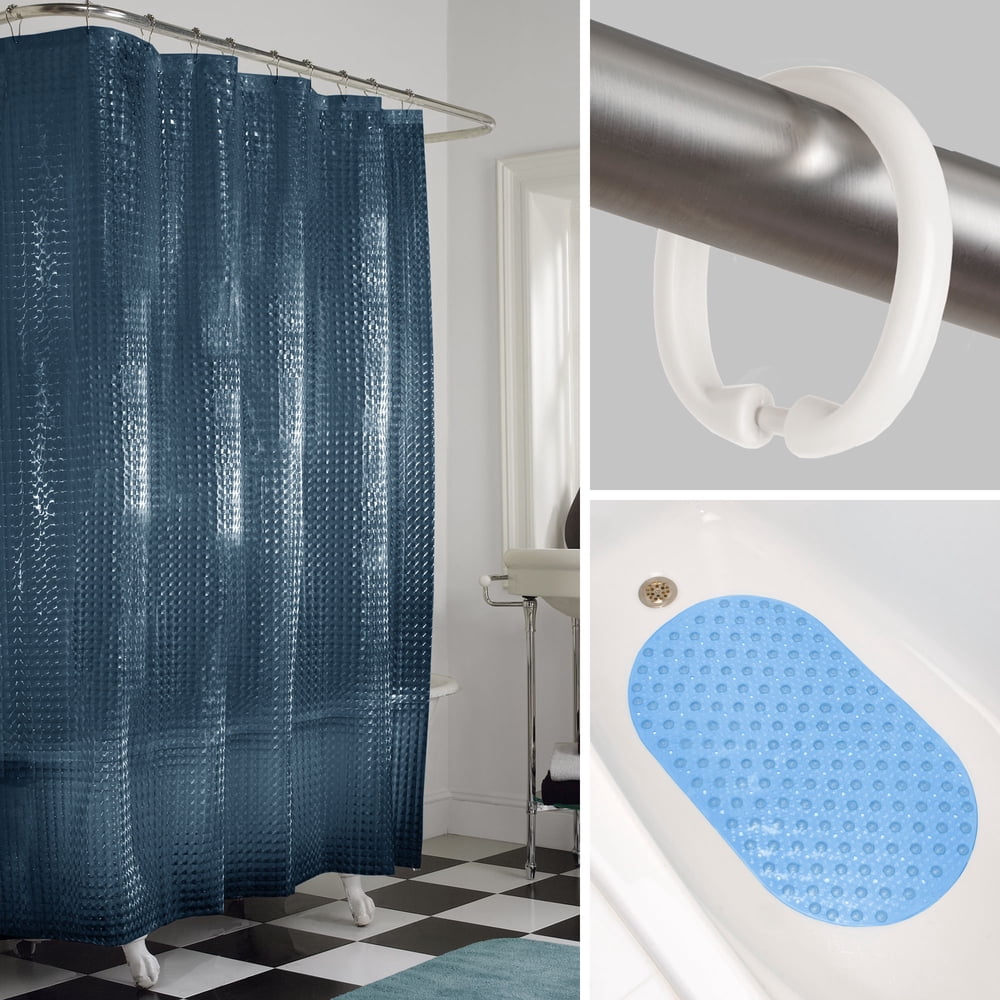 Maytex Glass Blocks 14Piece Shower Set Includes 1 PEVA Shower Curtain, 1 Bubble Tub Mat and 12
