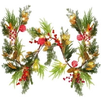 TRAHOO-6FT Christmas Lighted Garland, Battery Operated Christmas Garland with Lights, Pre Lit Garland with Red Balls for Indoor Home Fireplace Winter Christmas Holiday New Year Decoration