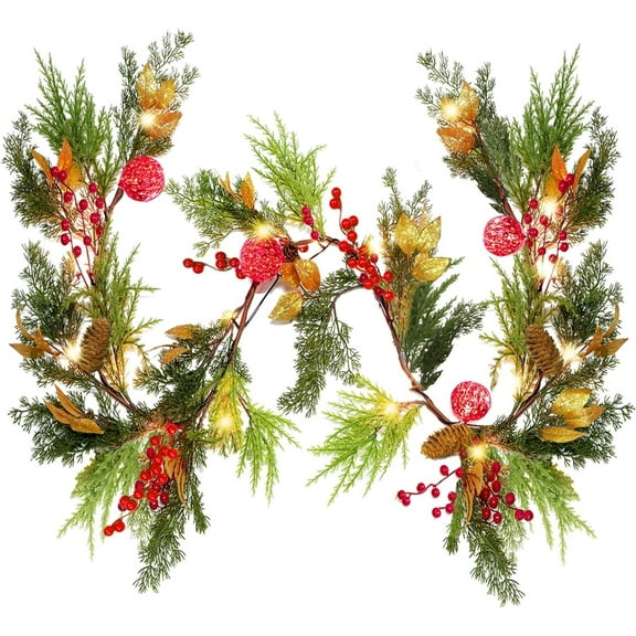 TRAHOO-6FT Christmas Lighted Garland, Battery Operated Christmas Garland with Lights, Pre Lit Garland with Red Balls for Indoor Home Fireplace Winter Christmas Holiday New Year Decoration