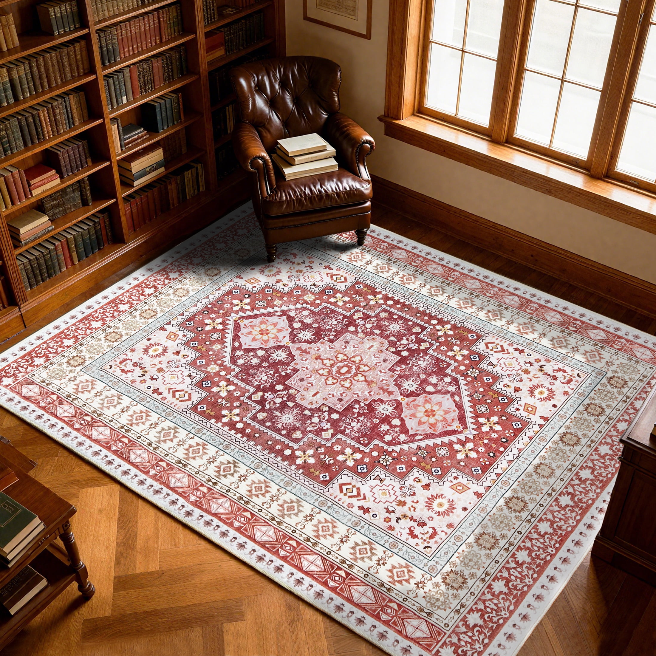 ARJINCUTE Vintage Distressed Bohemian Red Area Rug 3' x 5' Non-Slip Washable Low Pile for Living Room Bedroom Entryway Laundry Room
