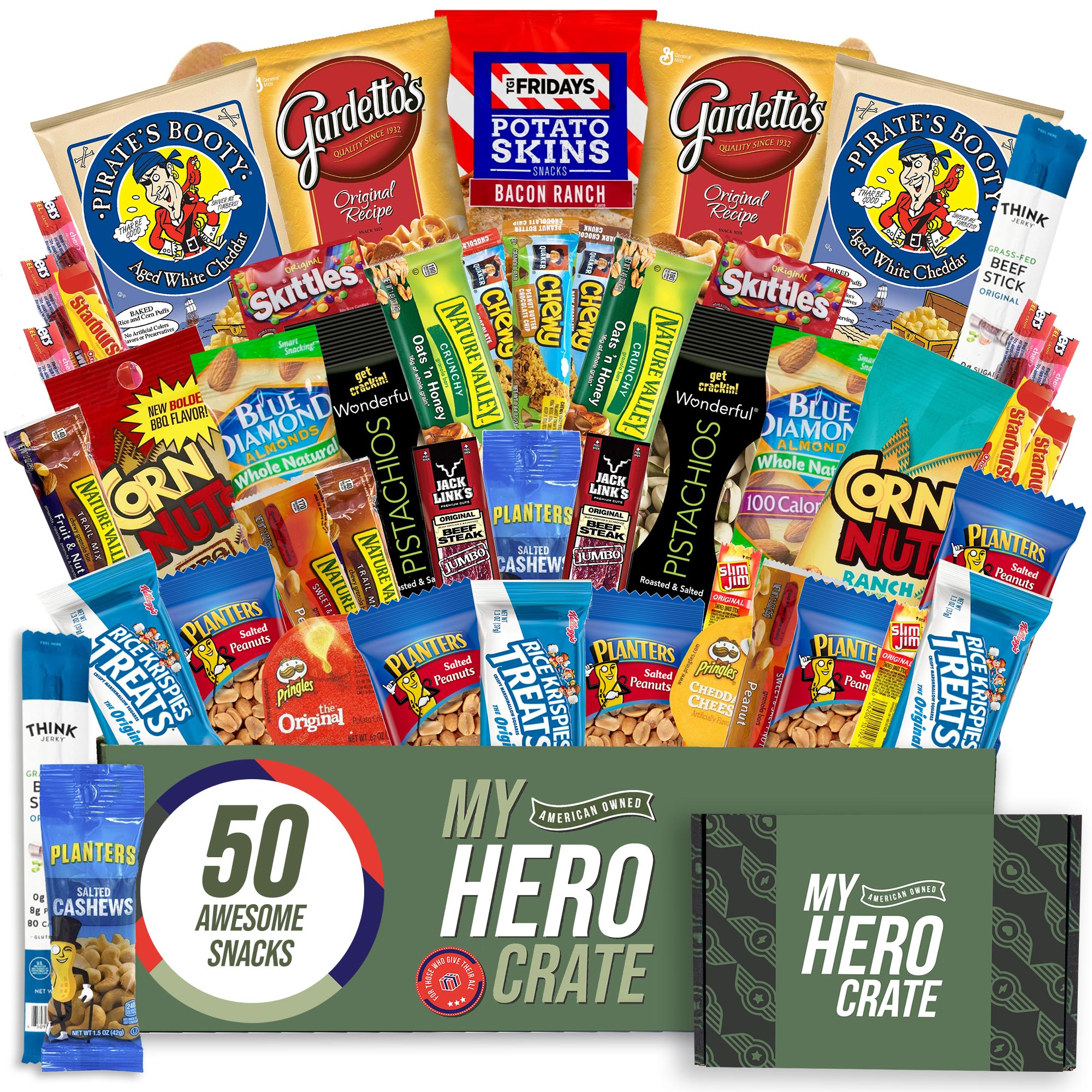 My Hero Crate Military Care Package - 50 Pcs Snack Box Gift Basket - Variety Pack with Chips, Candy, Pirate Booty, Nuts and More - image 1 of 4