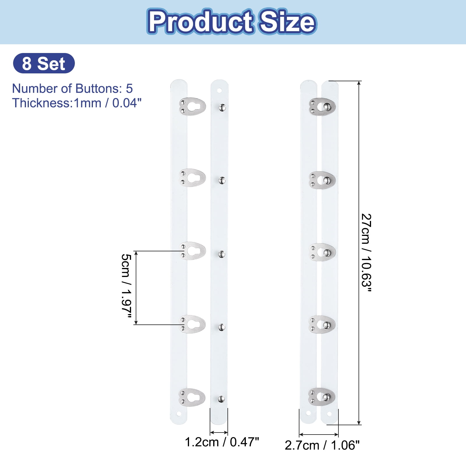 8 Pairs Corset Busk, 10.6" Metal Spring Steel Boning Support with 5 Buttons 0.5 Width