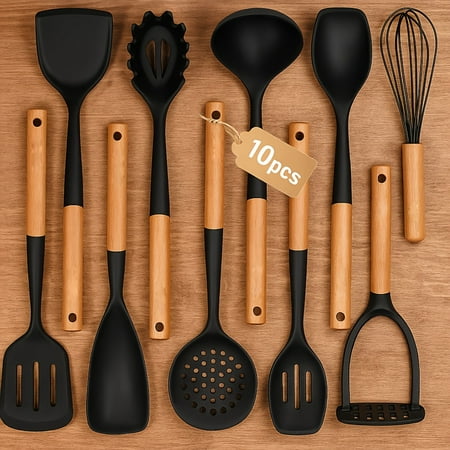 10-Piece Silicone Cooking Utensils Set with Wooden Handle, Heat Resistant Non-Stick Kitchen Tools with Spoons & Spatulas, Complete Kitchen Gadgets Set