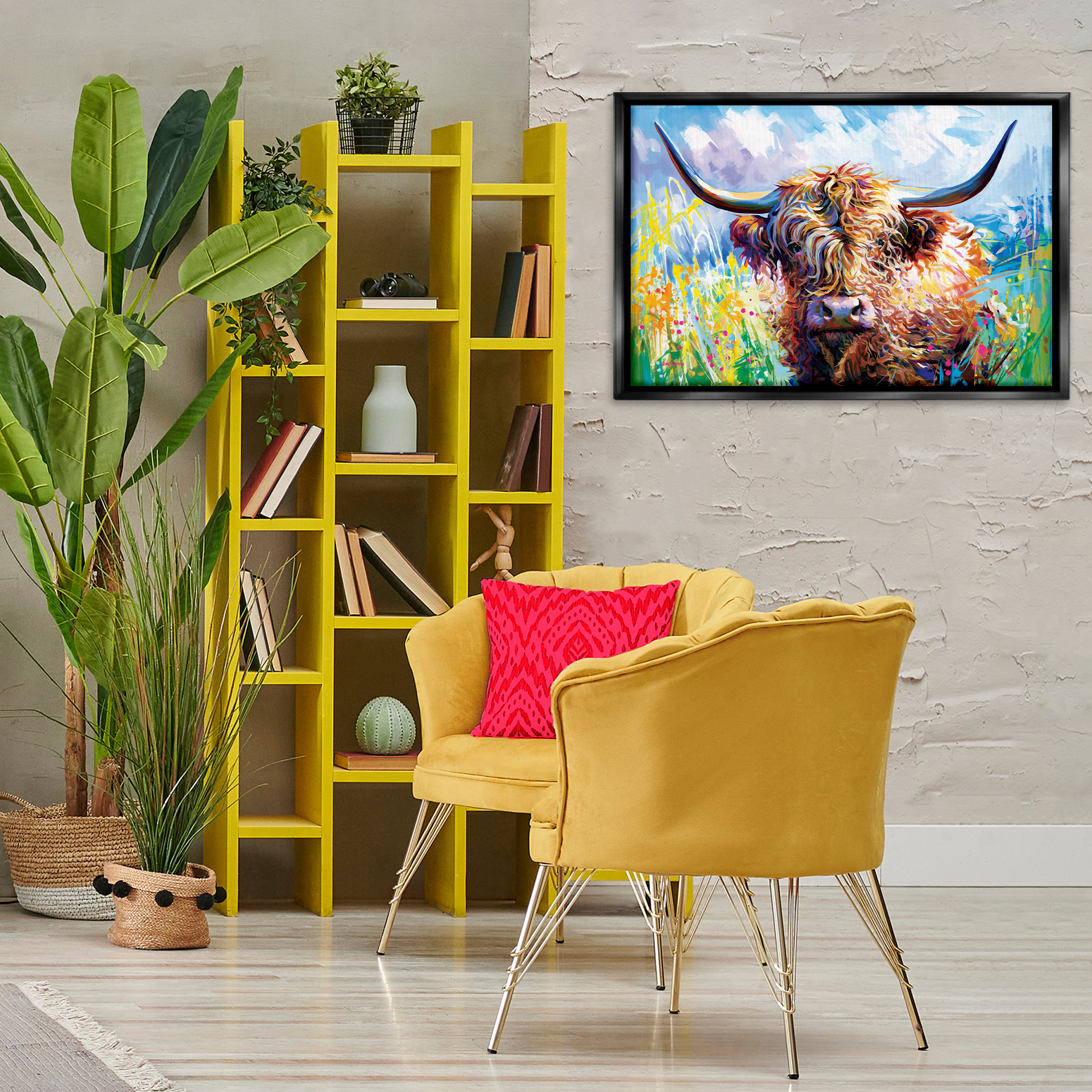 Stupell Industries Long Haired Highland Cattle Animals & Insects Painting Black Floater Framed Canvas Art Print Wall Art, 31 x 21