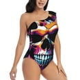 thumbnail image 3 of Sikiie Colorful Skull Print Women One Piece Swimsuits Tummy Control One Shoulder Bathing Suits Ruffle Swimwear, From S to XXL-Large, 3 of 6