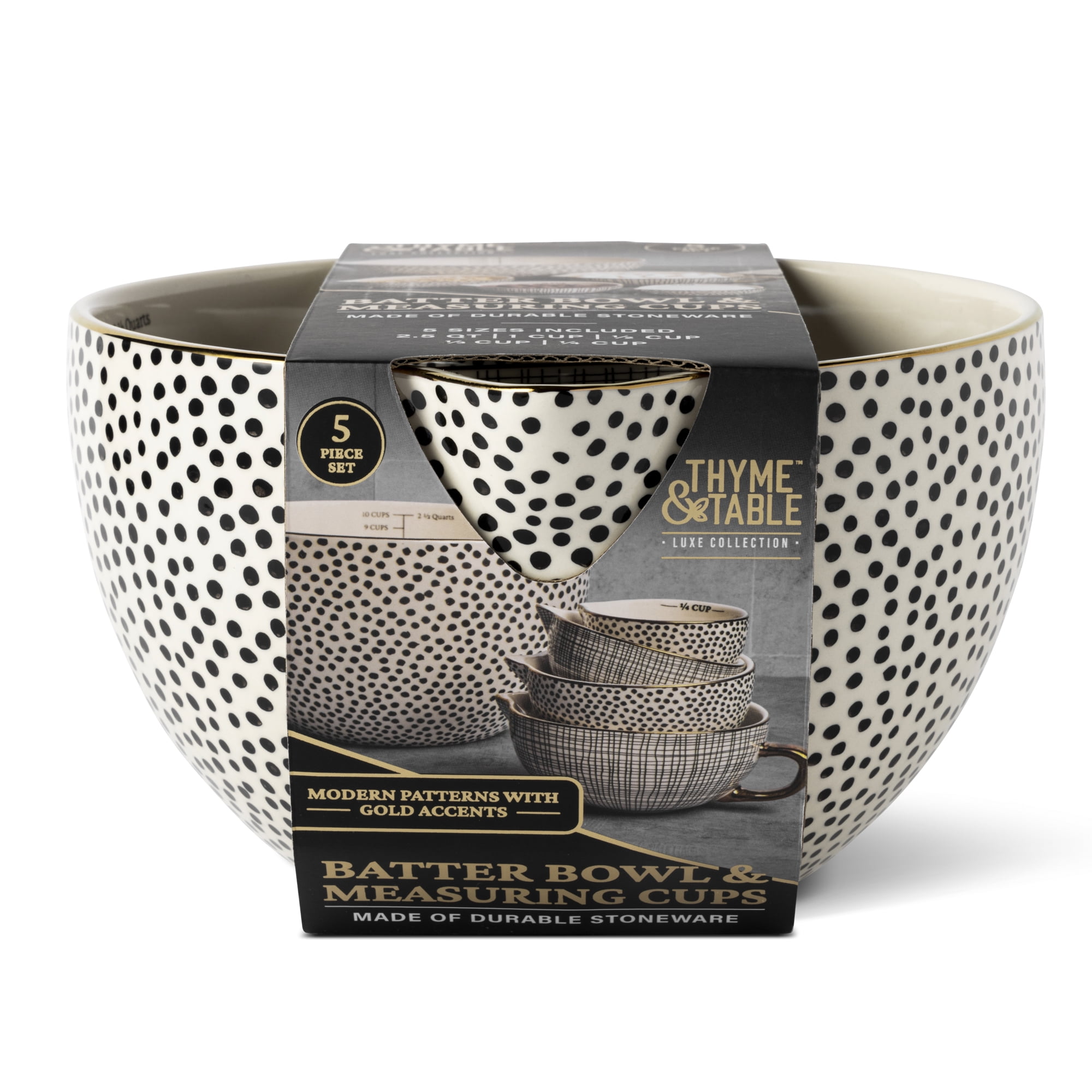 Thyme & Table, 5-Piece Ceramic Mixing Bowl and Measuring Bowl Set, Dot Pattern