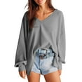 thumbnail image 2 of hotojiny Fall Tops for Women Long Sleeve Casual Knit Pullover Tops V Neck Solid Color Oversized Loose T Shirts, 2 of 7