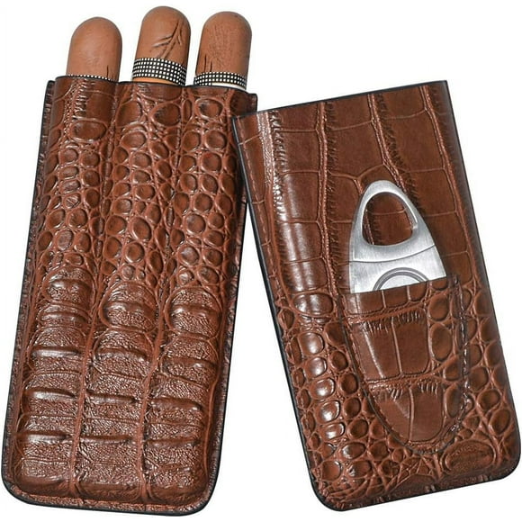 3 Tubes Cigar Case, Crocodile Pattern Leather Cigar Humidor Humidor Cigar Box with Stainless Steel Cigar Cutter(No Cigars)
