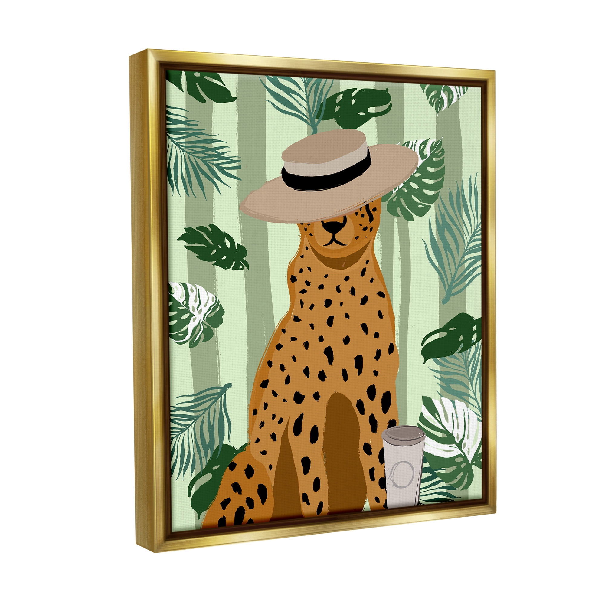 Stupell Industries Tropical Modern Leopard Animals & Insects Painting Gold Floater Framed Canvas Art Print Wall Art, 17 x 21