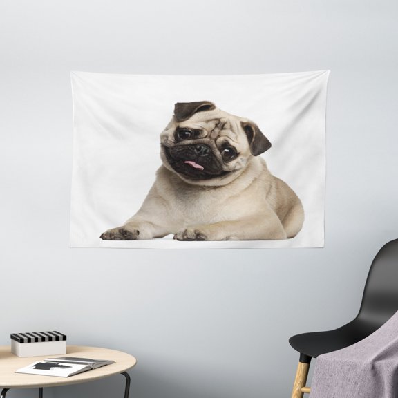 Pug Tapestry, Nine Months old Pug Puppy Lying Around Cute Pet Funny Animal Domestication Print, Wall Hanging for Bedroom Living Room Dorm Decor, 60W X 40L Inches, Pale Brown Black, by Ambesonne