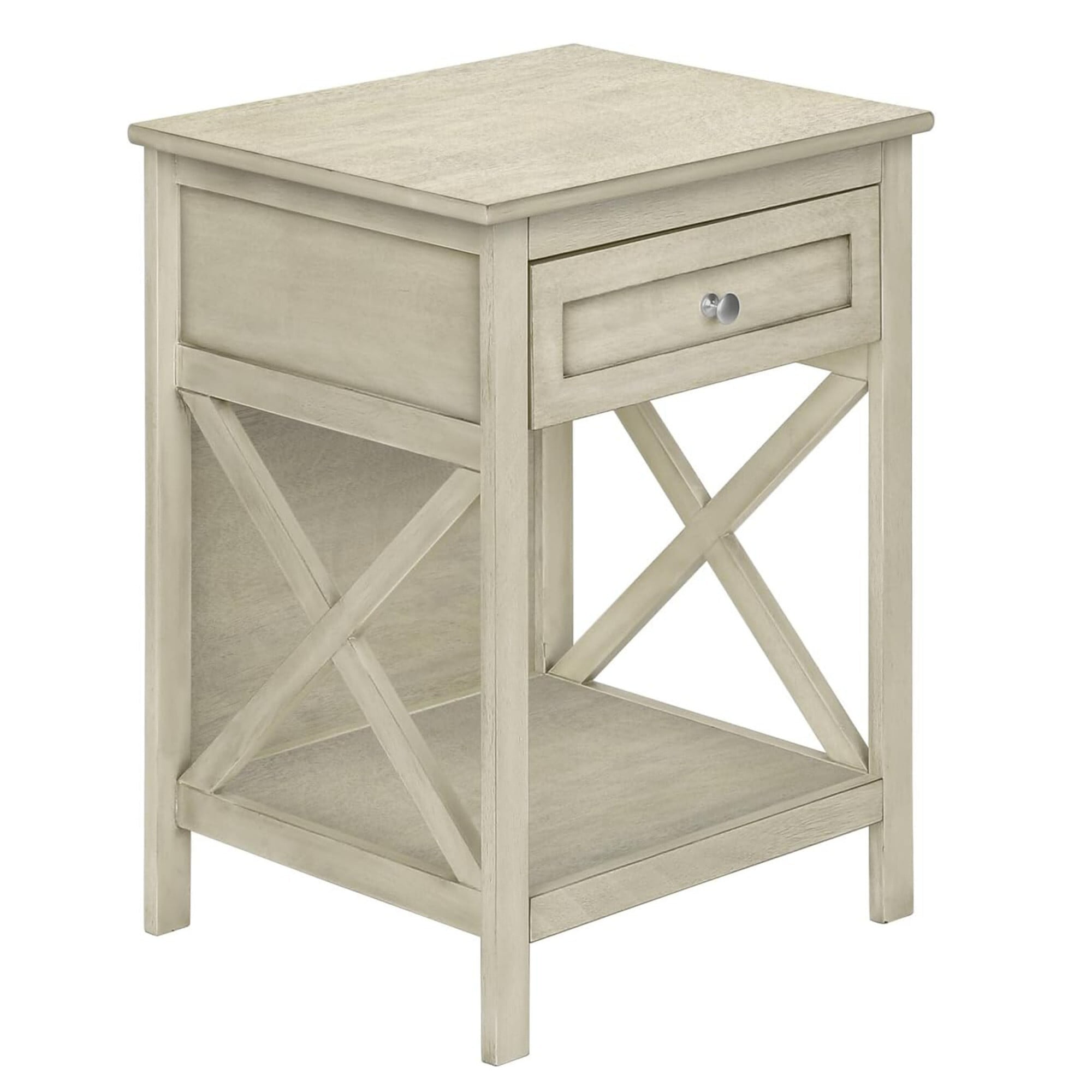 AENKYO Bedside Table with Drawer, Farmhouse End Table with Storage & Bottom Shelf for Living Room, Bedroom, Antique Gray