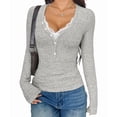 thumbnail image 3 of Women Lace Henley T Shirts Button Down Slim Fit Tops Long Sleeve V-Neck Tunic Top Blouse Light Gray M, 3 of 8