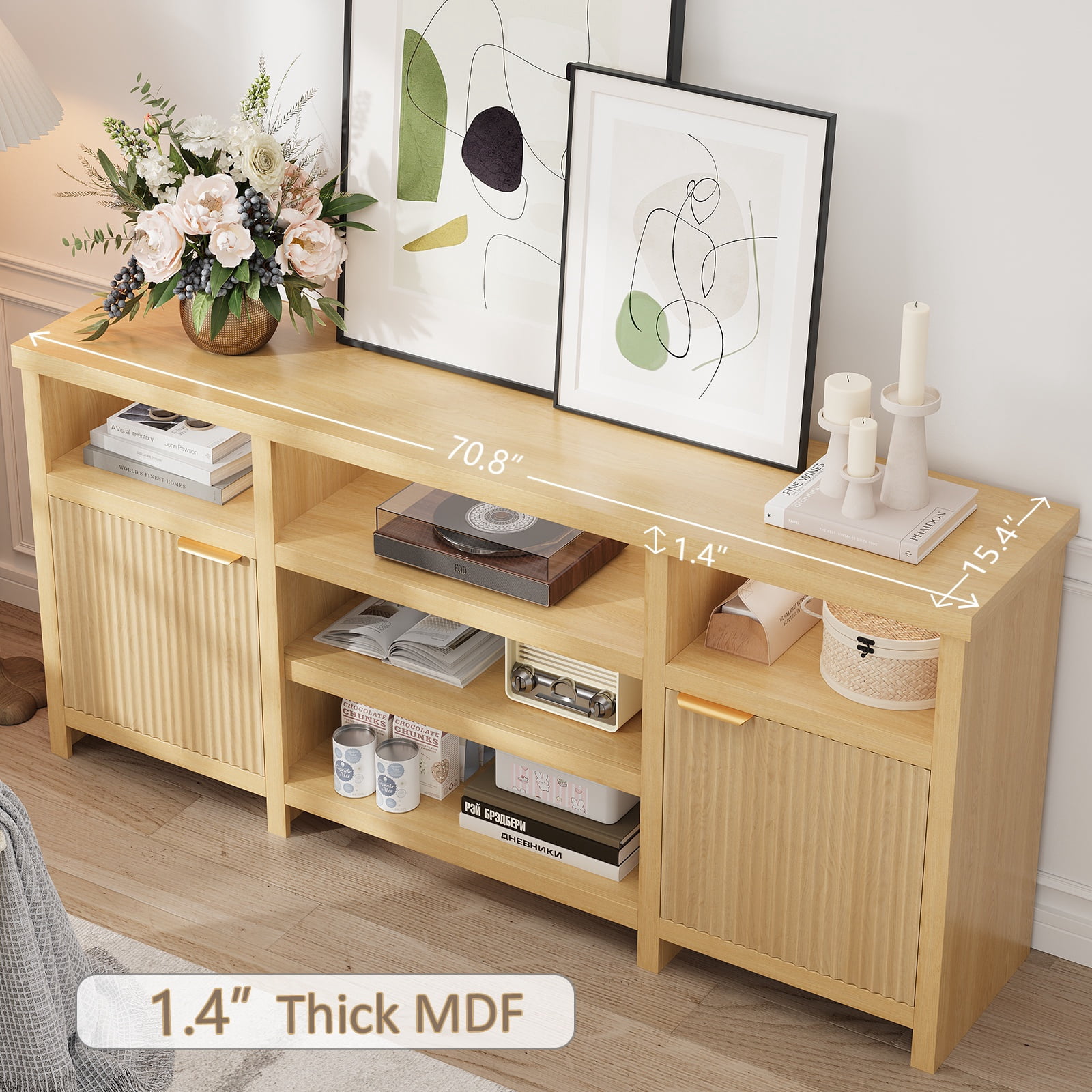 Feishominoo 71" TV Stand for TVs up to 80", 31.5" Tall Highboy Entertainment Center with LED Lights, Rustic Wooden Media Console Storage Cabinet with Adjustable Shelves for Living Room, Oak