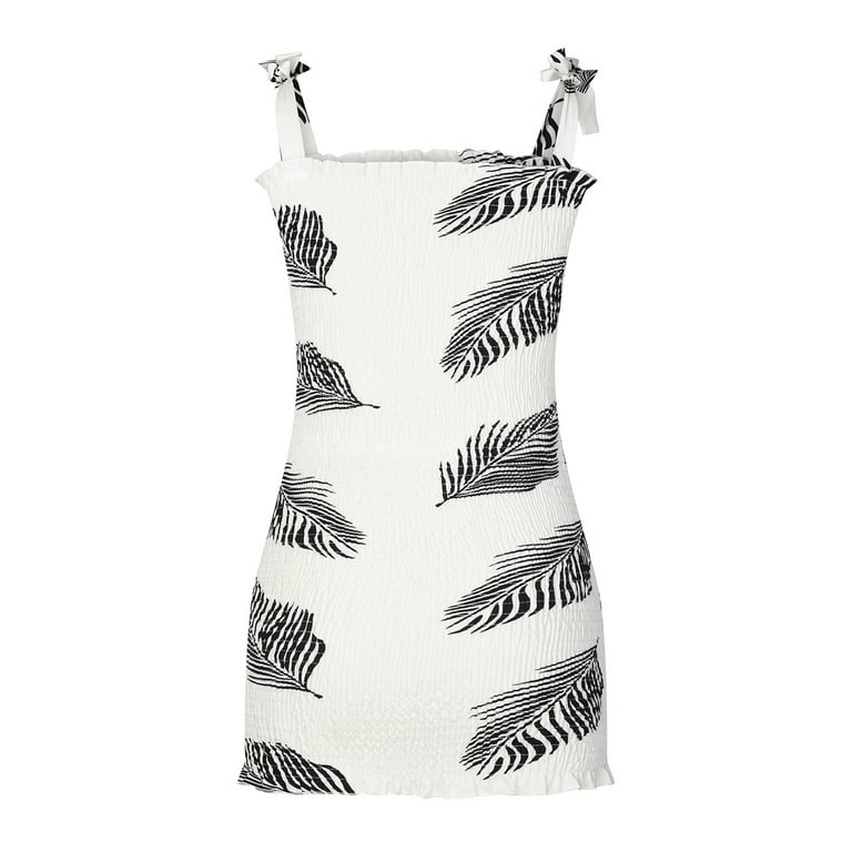 USSUMA Sun Dresses Women Casual Sleeveless Smocked Tight