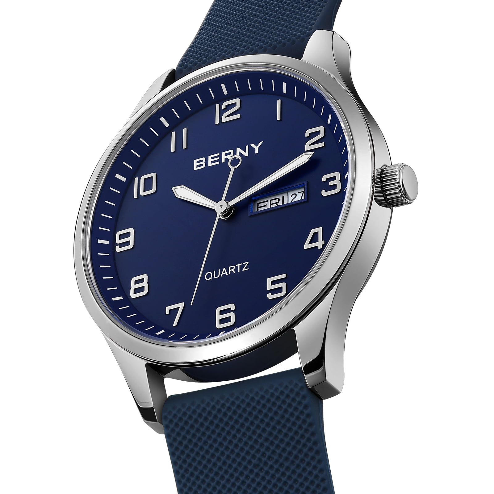 BERNY Modern Quartz Watch for Men Casual Easy Read Wristwatch with Arabic Numeral Watch Dial, Silicone Strap and Day & Date Calendar-Blue Dial