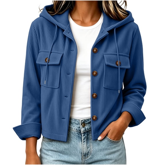 Perfectbot Women's Corduroy Crop Hooded Shacket Button Down Long Sleeve Jacket Fall Casual Outerwear