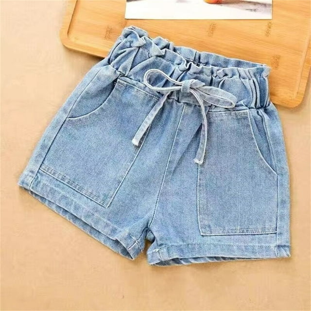 Sijiajgjfu Girl's Ruffle Denim Shorts Drawstring Elastic Waist Jean Shorts with Pocket for 3-12 Years Blue