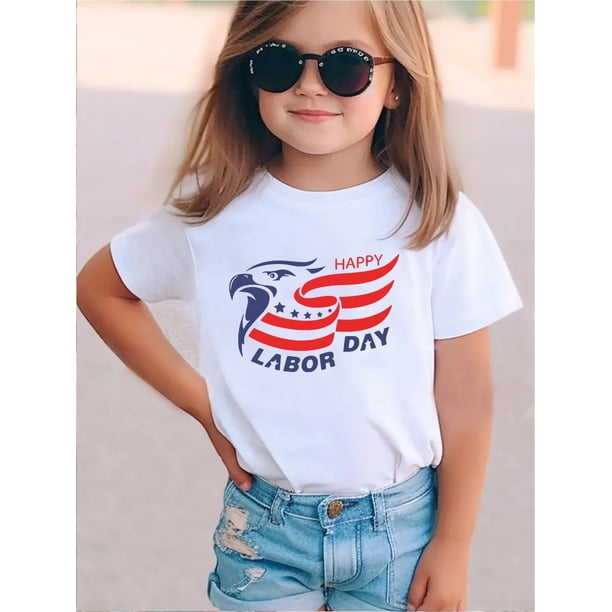 Girls' Patriotic Labor T-Shirt - Happy Labor Eagle & Stars Print Light Yellow Casual Short Sleeve Round Neck Tee, Spring Summer Machine Washable Top for Teens & Kids
