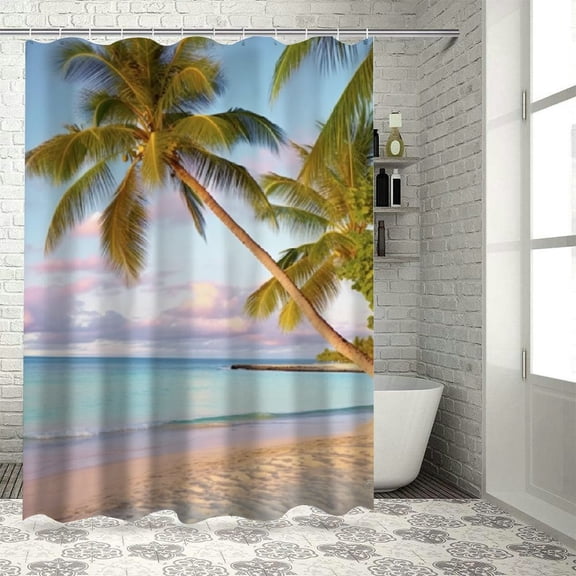 Fenyluxe Palm Trees Ocean Pretty Shower Curtain 100% Polyester Washable Home Bathroom Decor with Hooks 36x72