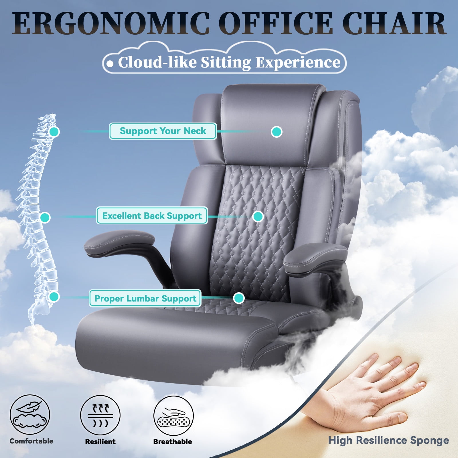 Bossin Big and Tall Executive Office Chair 400lbs with Flip-up Arms for Adult, Ergonomic High Back Lumber Support Adjustable Computer Desk Chair