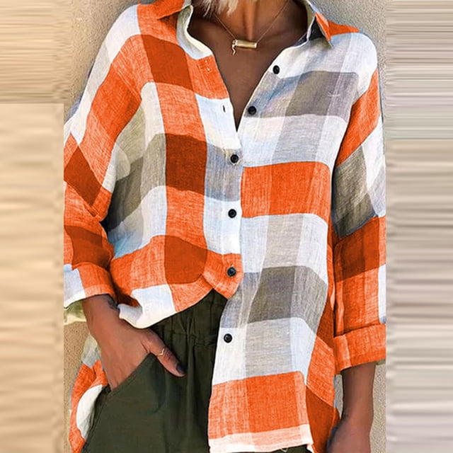 Puntoco Blusa con estampado de cuadros sueltos a la moda para mujer con tops de manga larga Puntoco Puntoco-1991