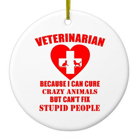 DistinctInk Hanging Ceramic Christmass Tree Ornament with Gold String - Great Gift / Present - 2 3/4 inch diameter - Vets Cure Crazy Animals But Can't Fix Stupid