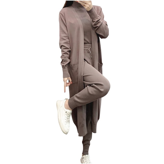 Timegard 3 Piece Knitted Outfits for Women Open Front Cardigans with Pockets Turtle Neck Sleeveless Sweater Drawstring Pants Sets