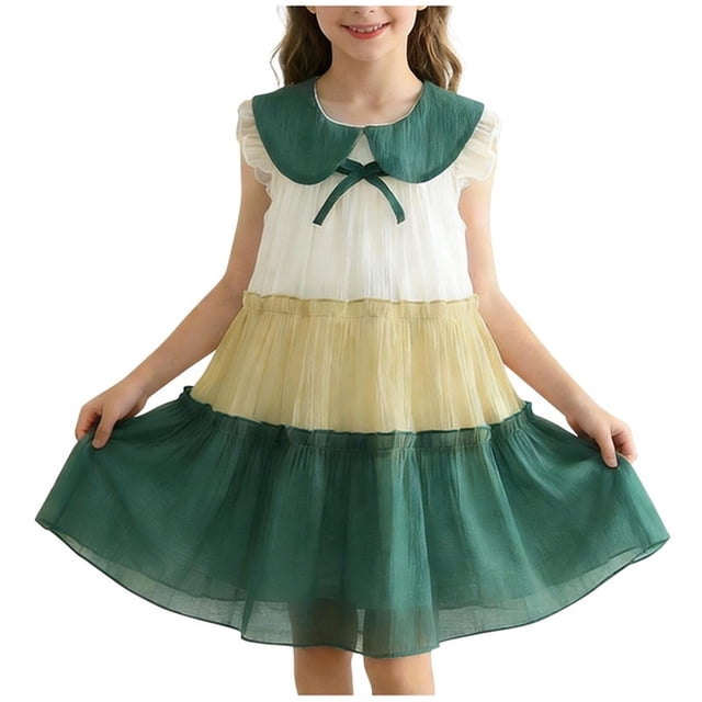 Odeerbi 2-7 Años Niñas Color Bloque Vestido En Capas Vintage Peter Pan Cuello A-Línea Vestido de Tanque Ruffle Tulle Vestido de Princesa
