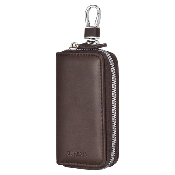 Uxcell 1Pcs Car Key Case (Brown) Key Fob Protector Leather Fob Holder Metal Hook Keyring Zipper Bag with Swivel Snap Hook, Suit for Men and Women