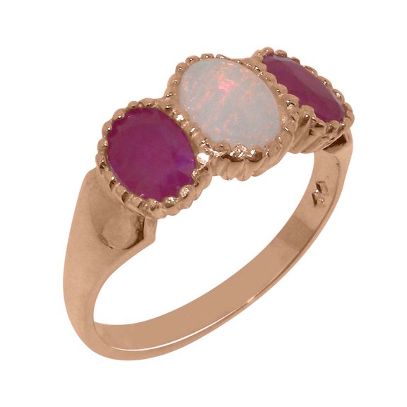 LBG British Made 14k Rose Gold Natural Opal & Ruby Womens Anniversary Ring - 33 size options - Size 10