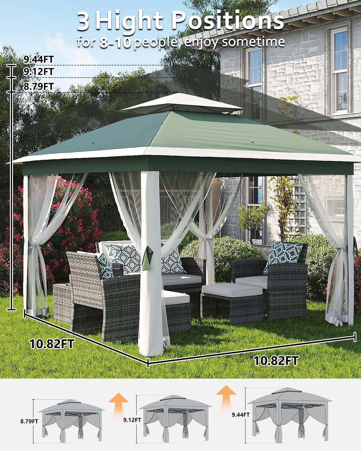 Accreate 11x11 ft Outdoor Gazebo with Mosquito Net - Heavy Duty Patio Shelter, Double Roof & Sturdy Metal Frame for Backyard, Garden, Deck and Lawn