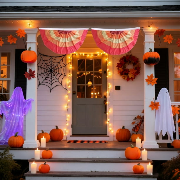 Bandera festoneada con estampado de rayas para decoración de Halloween, ideal para uso en interiores y exteriores, con cabecera de lona y ojales de 120 cm de diámetro. Banderas de poliéster en forma d
