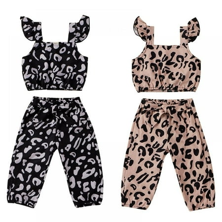 

Truelife Toddler Baby Girl Two Piece Set Ruffle Sling Top Cute Zebra Dot Summer Outfit Sleeveless Top+Leopard Pant S-2XL 12M-5Y